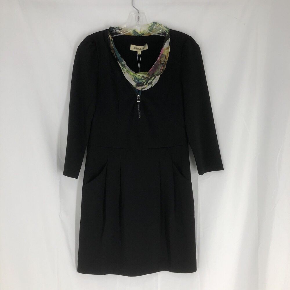 Women’s Black Sheath Dress Knee Length 3/4 Sleeve Large Zip Neck